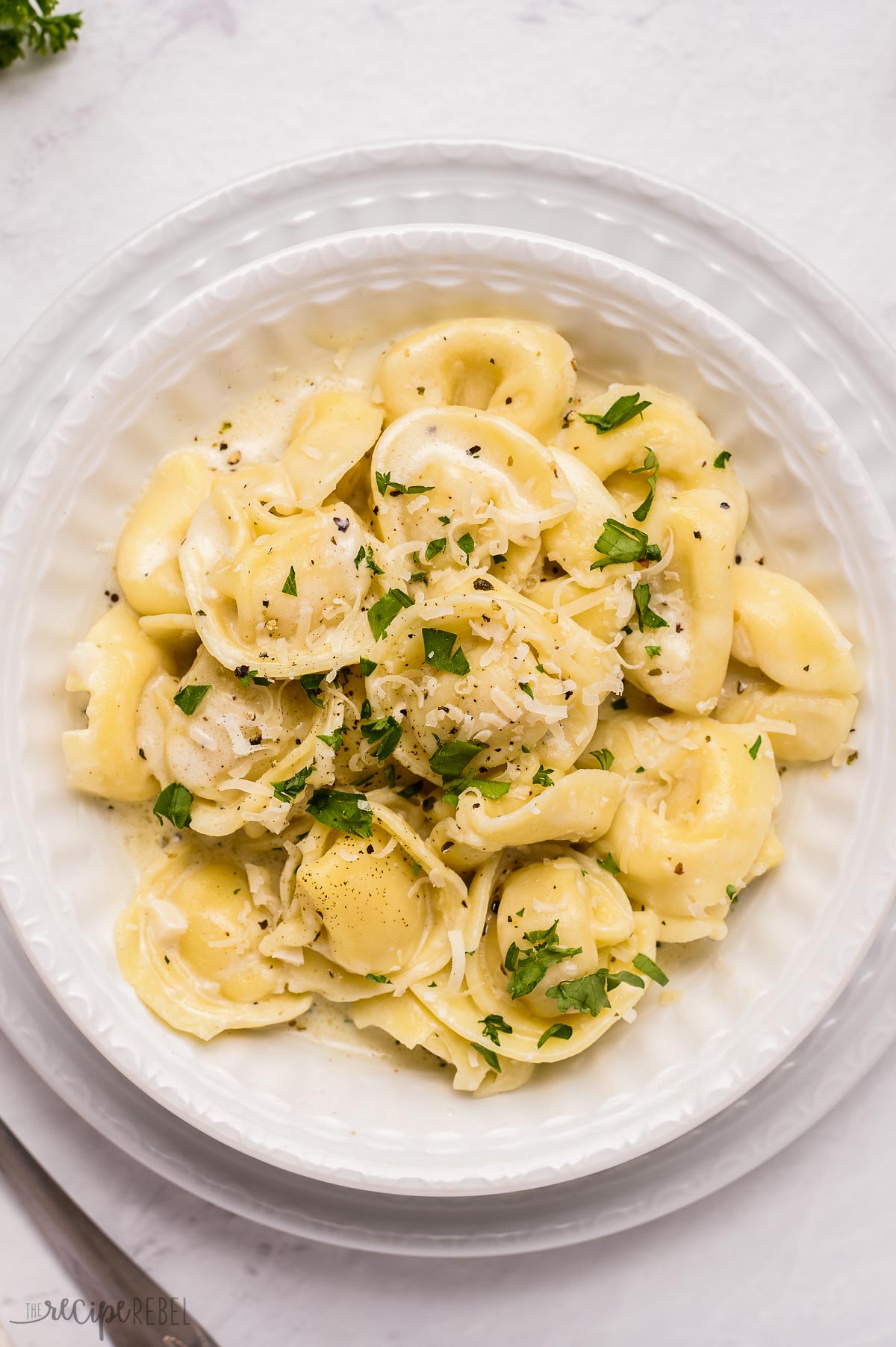 overhead image of white plate with creamy cheese tortellini with fresh parsley and parmesan