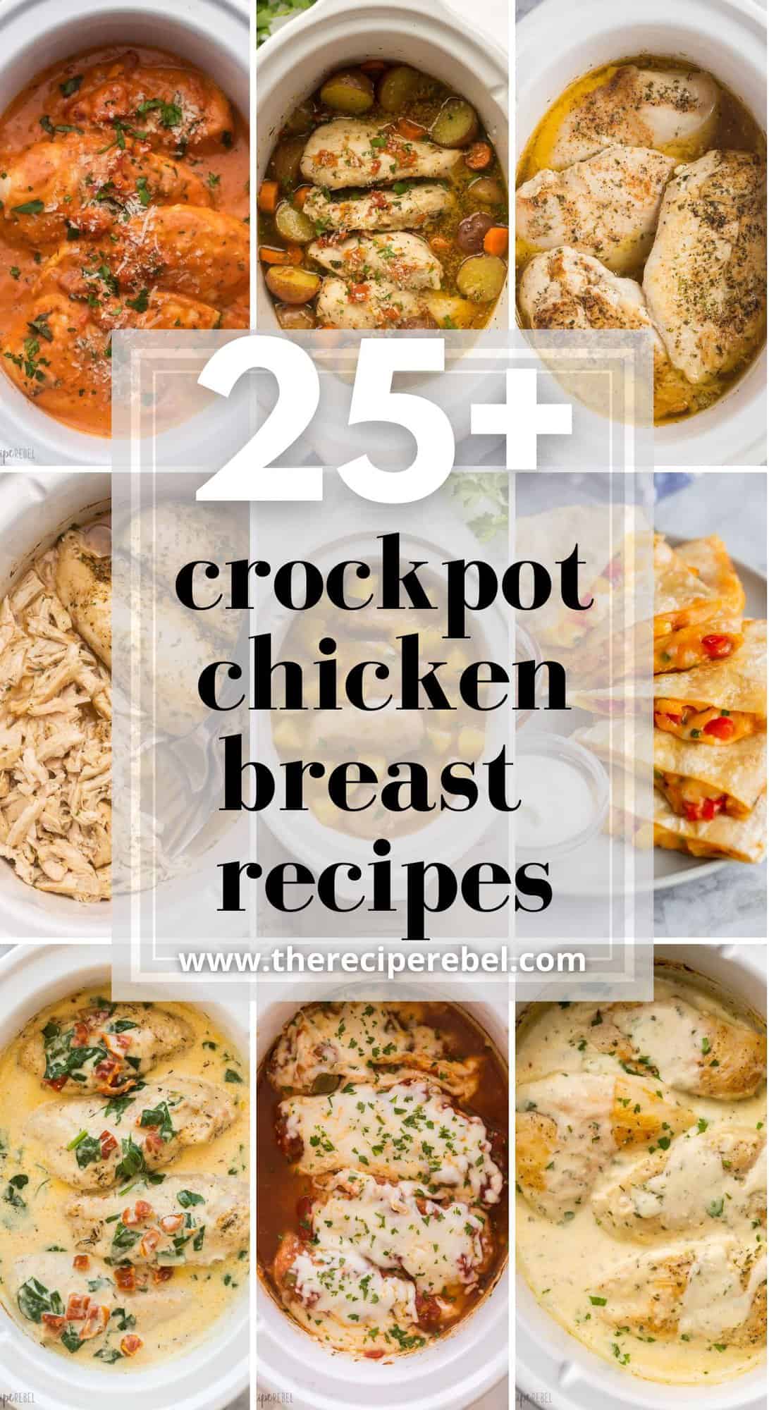 long collage for crockpot chicken breast recipes including nine images and title.