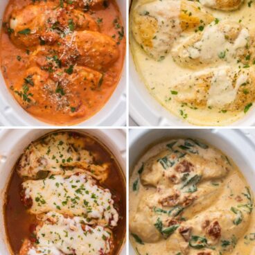 four image collage of slow cooker chicken breast recipes.