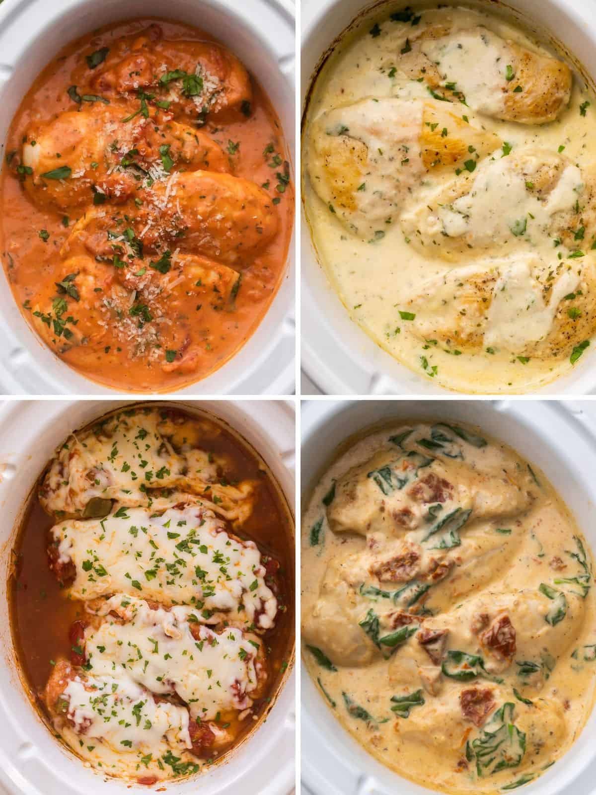 four image collage of slow cooker chicken breast recipes.