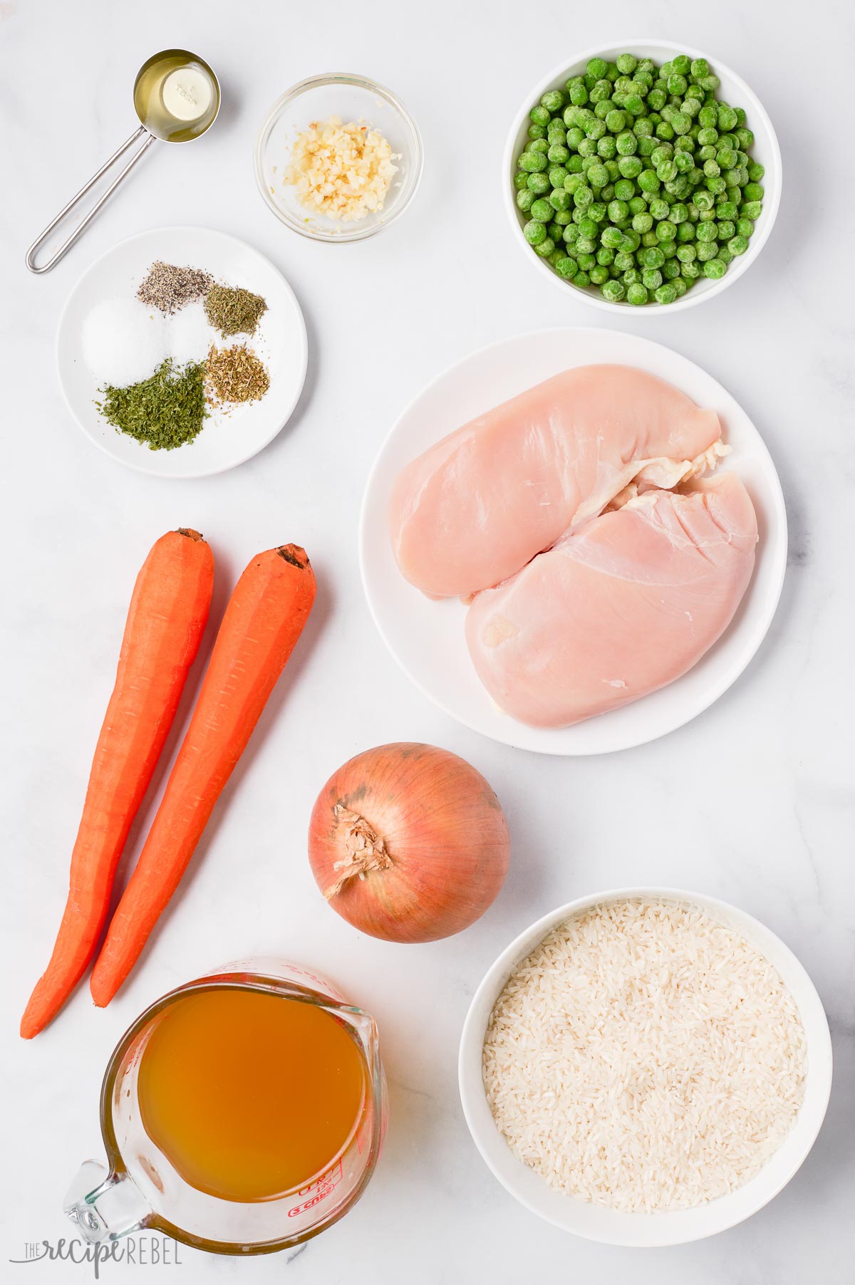overhead image of ingredients needed to make chicken and rice