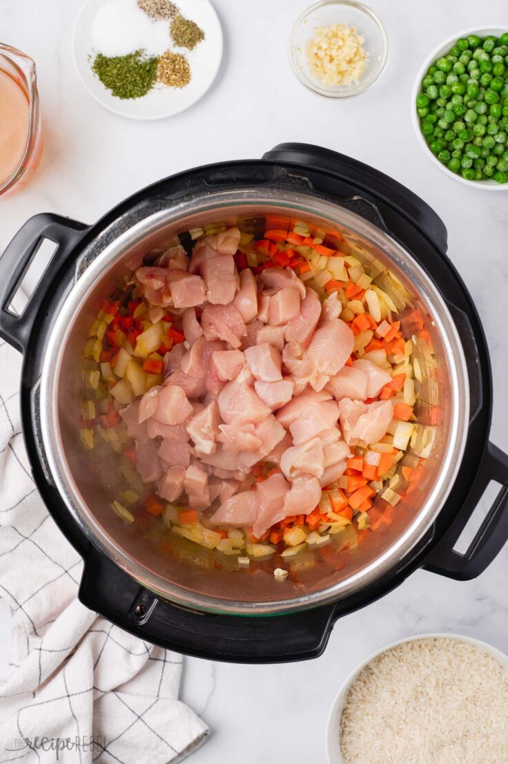 chunks of chicken added to vegetables in instant pot
