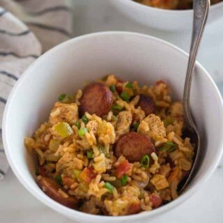 A bowl full of Instant Pot jambalaya.