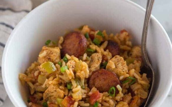 A bowl full of Instant Pot jambalaya.