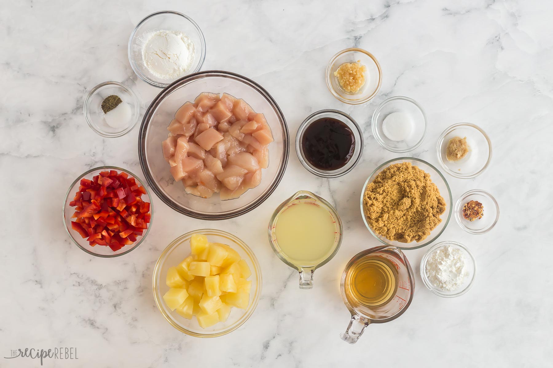 overhead image of ingredients needed for pineapple chicken