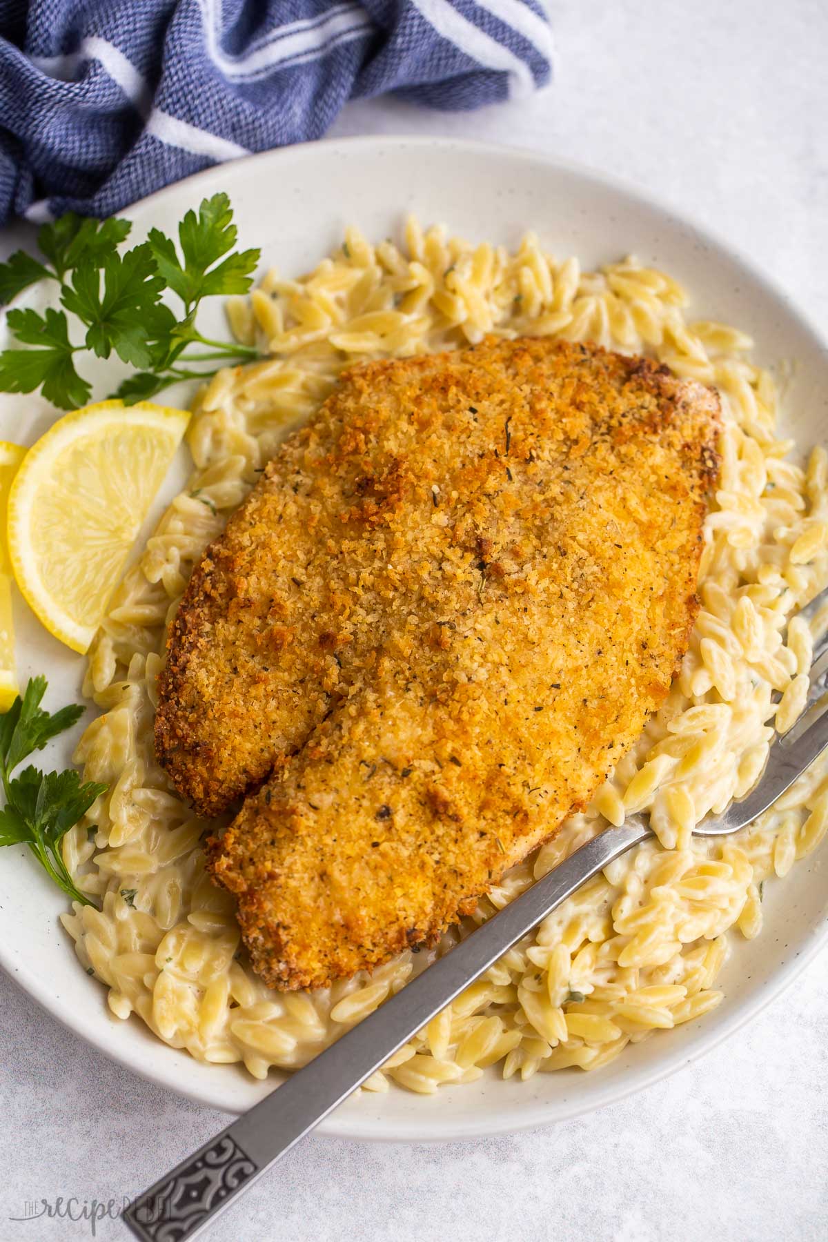 close up image of air fryer tilapia on orzo with fork
