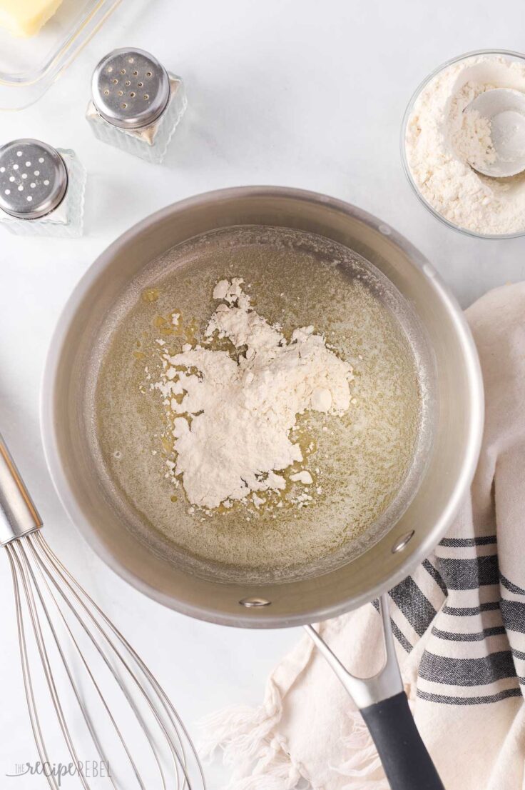 melted butter in pot with flour added to make roux