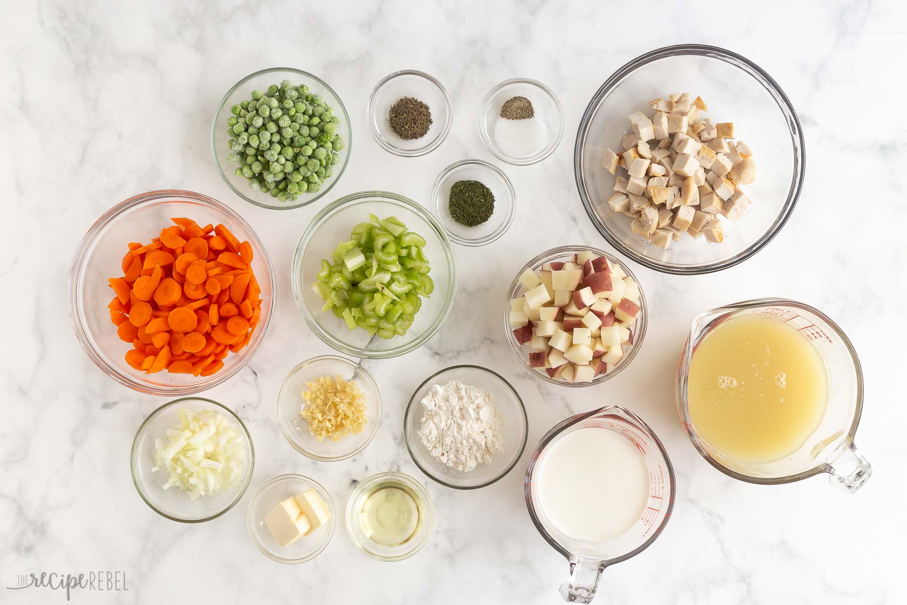 overhead image of ingredients needed for chicken pot pie casserole