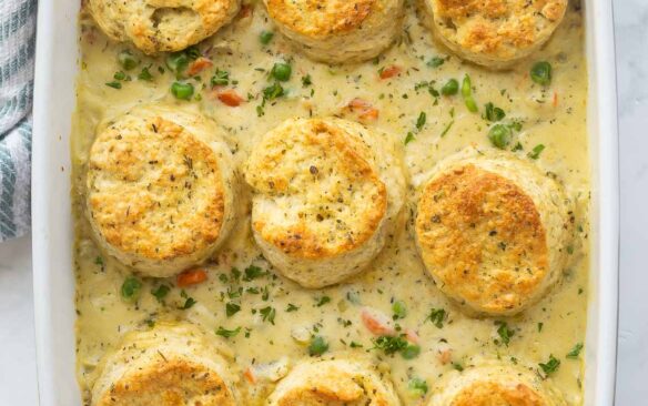 overhead image of chicken pot pie casserole with biscuits