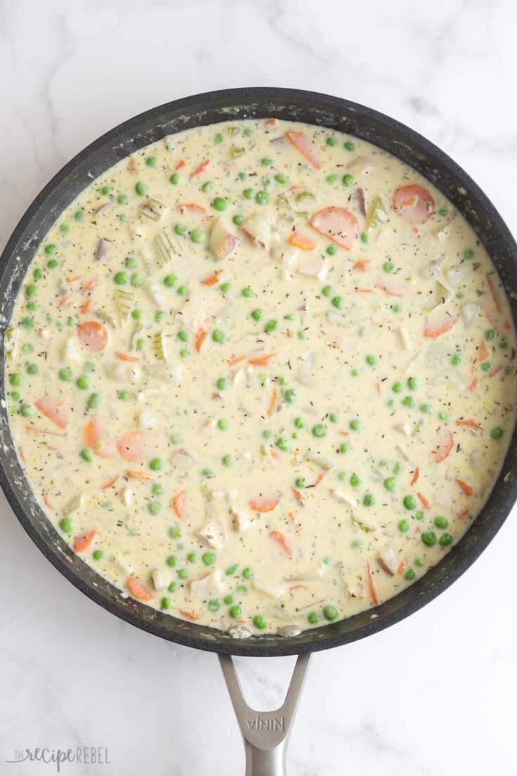 chicken pot pie filling in black skillet