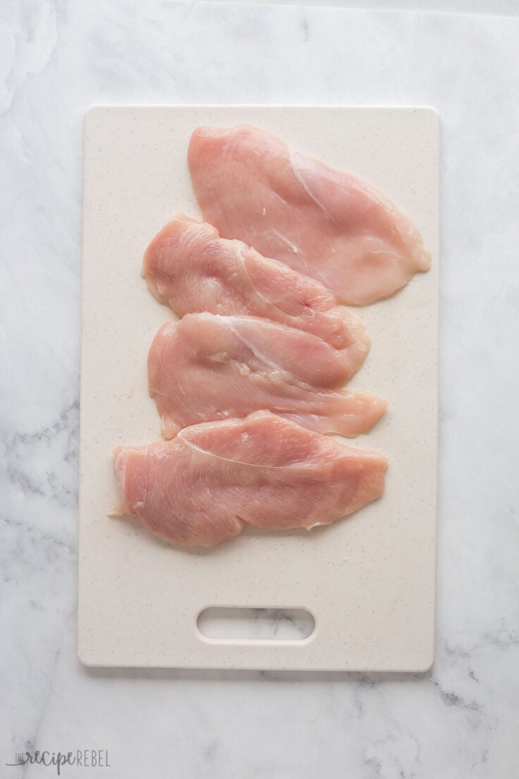 chicken breasts cut in half to make thinner pieces