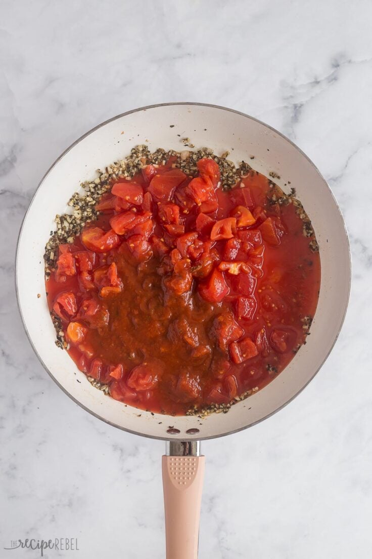 tomatoes and sauce added to spices in white skillet