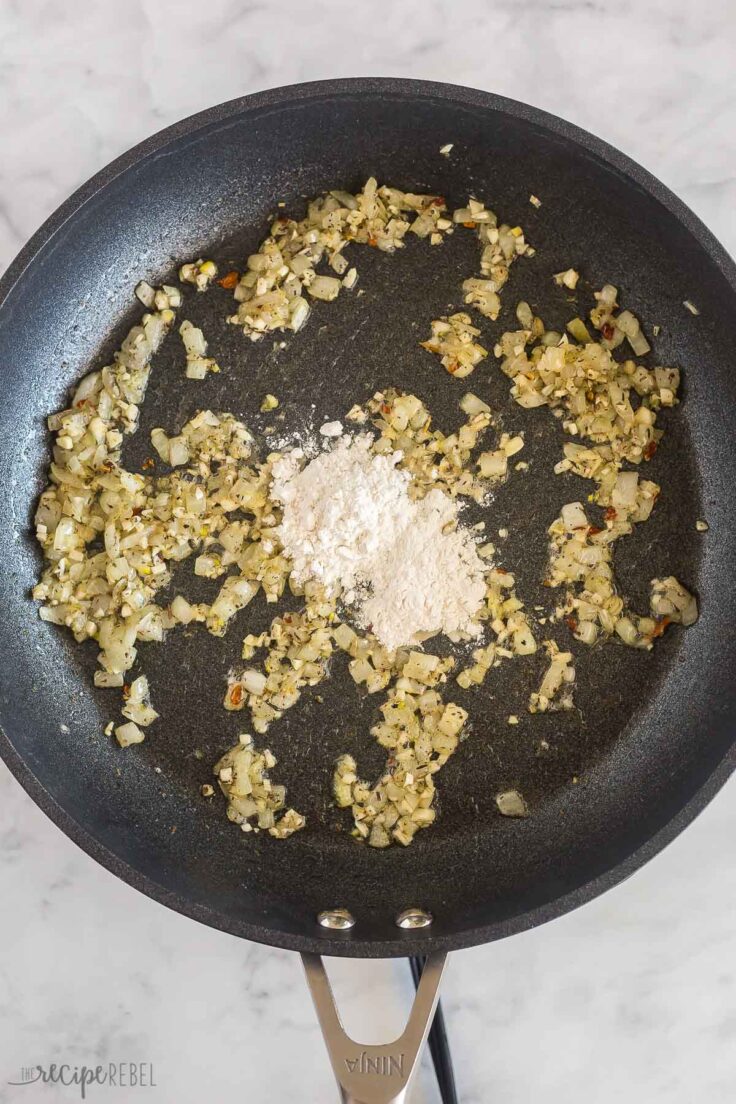 flour added to onions in skillet