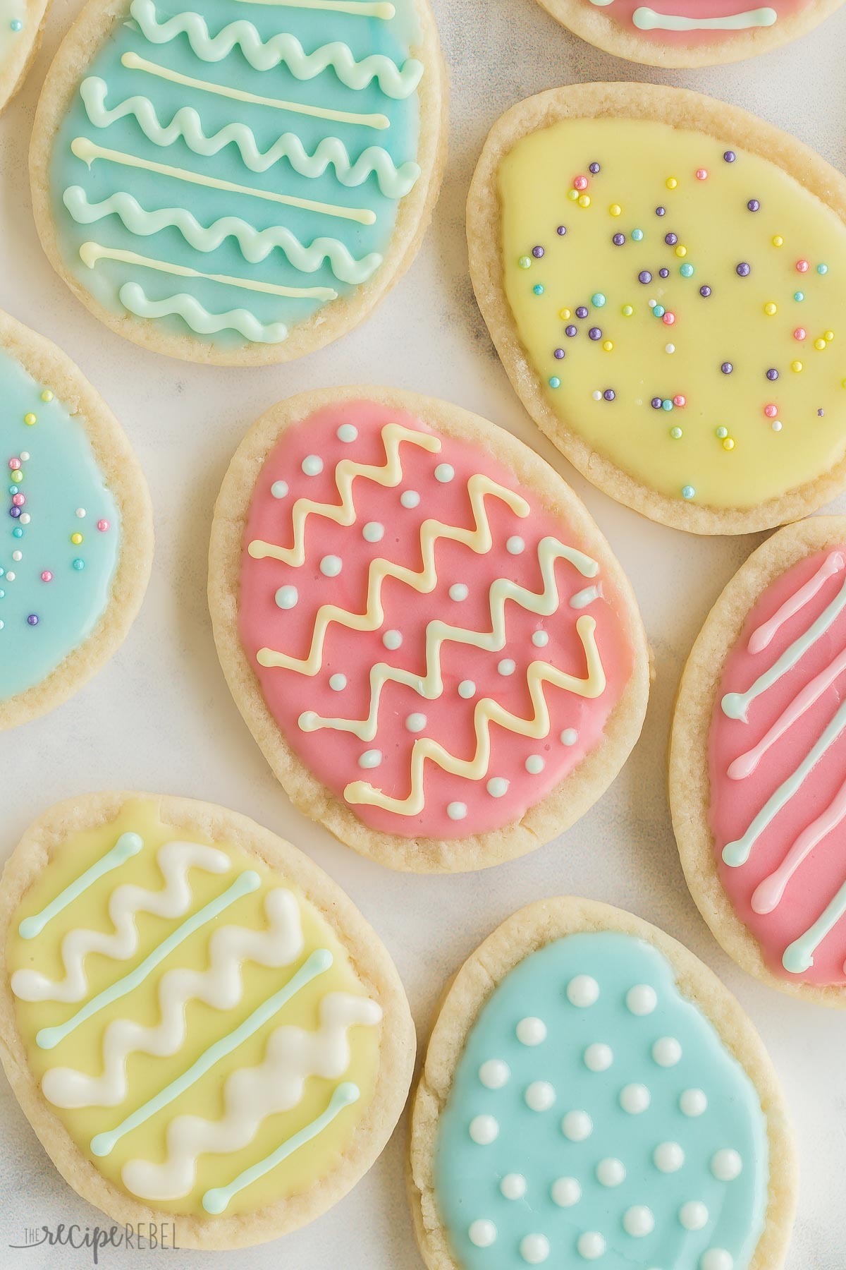 close up image of easter egg cookies with pastel royal icing