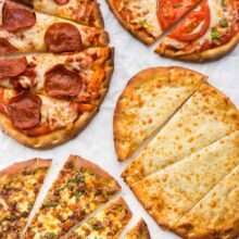 four flatbread pizza recipes on a white background