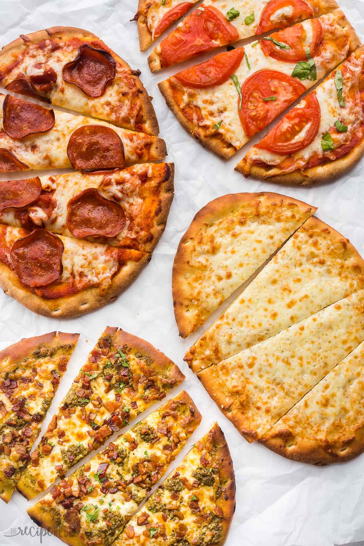four flatbread pizza recipes on a white background