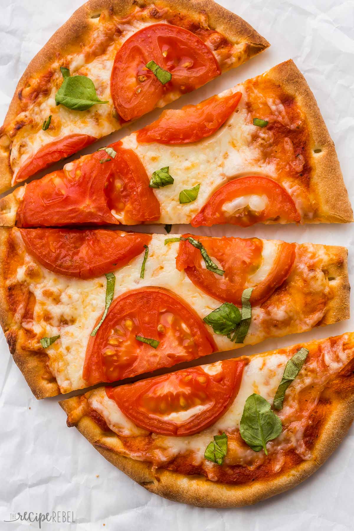 overhead image of margerita flatbread pizza