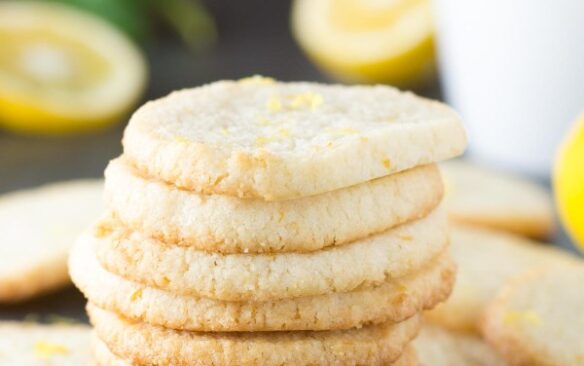 A stack of lemon almond shortbread cookies.
