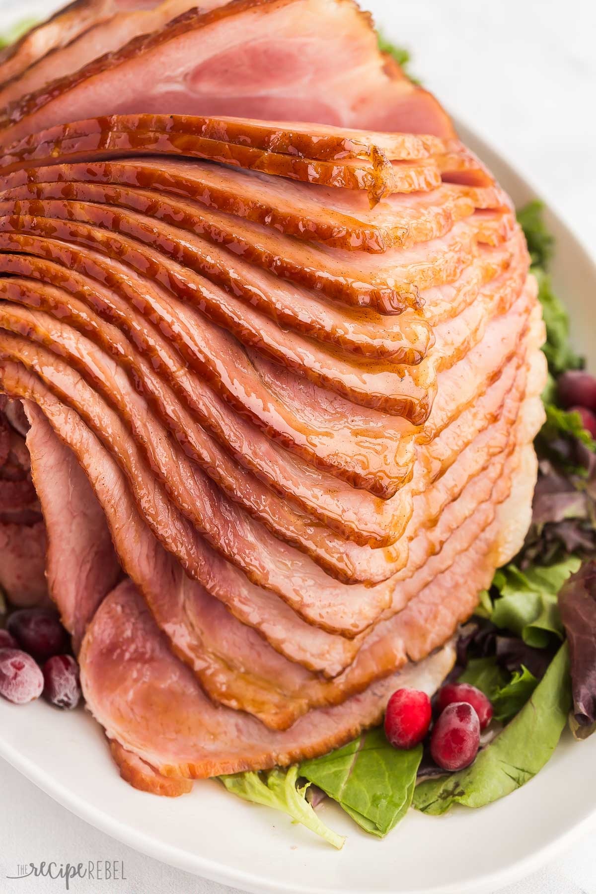 close up image of spiral ham on serving platter
