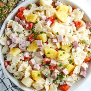 Top view of a bowl of Hawaiian pasta salad.