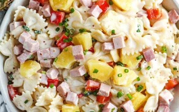 Top view of a bowl of Hawaiian pasta salad.