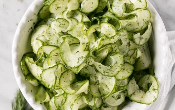 Top view of a bowl of 4-ingredient cucumber salad.