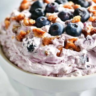A bowl of blueberry pretzel dessert salad.