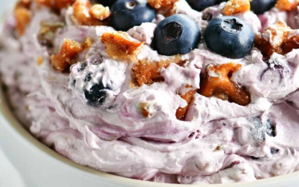 A bowl of blueberry pretzel dessert salad.