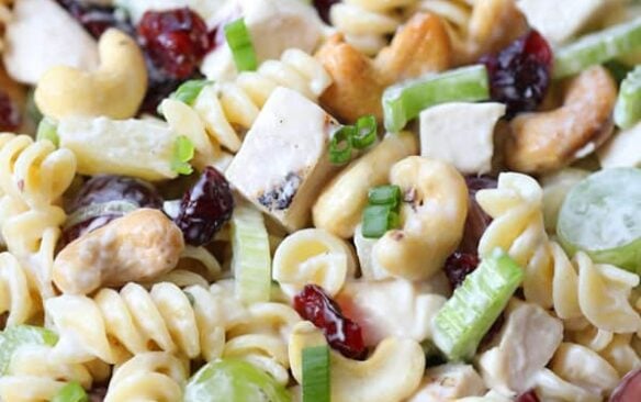 Close up of cashew chicken pasta salad.