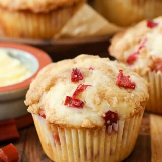 Close up of rhubarb muffins.