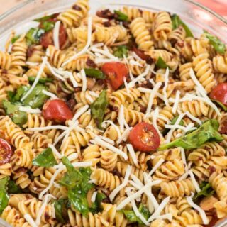 Close up of a spicy Italian pasta salad.