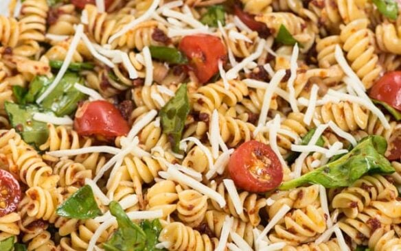 Close up of a spicy Italian pasta salad.