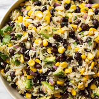 A bowl of black bean, corn and avocado salad.