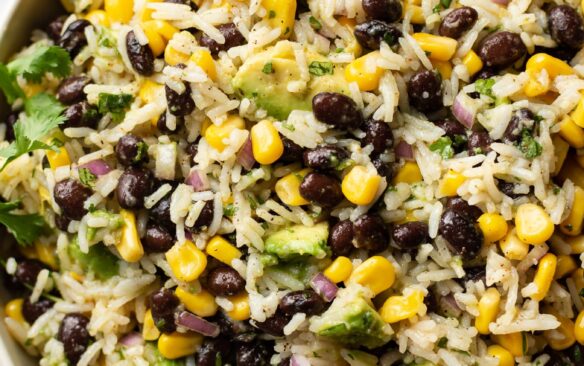 A bowl of black bean, corn and avocado salad.