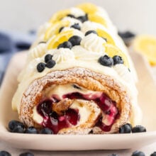 close up image of finished lemon blueberry roll cake