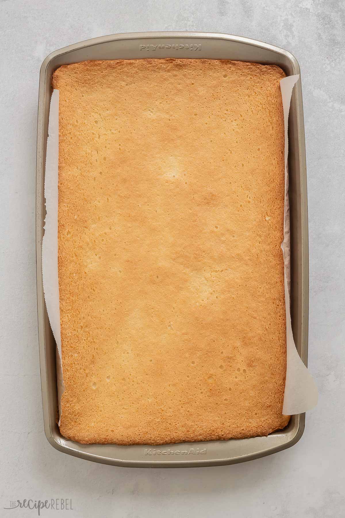 angel food cake baked in sheet pan with parchment paper