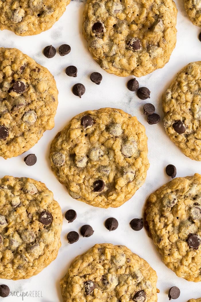 overhead image of oatmeal chocolate chip cookies on white background with chocolate chips
