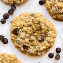 close up overhead image of oatmeal chocolate chip cookie