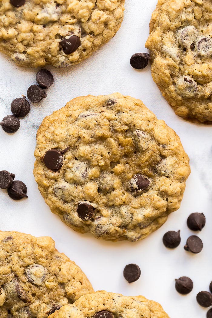 close up overhead image of oatmeal chocolate chip cookie