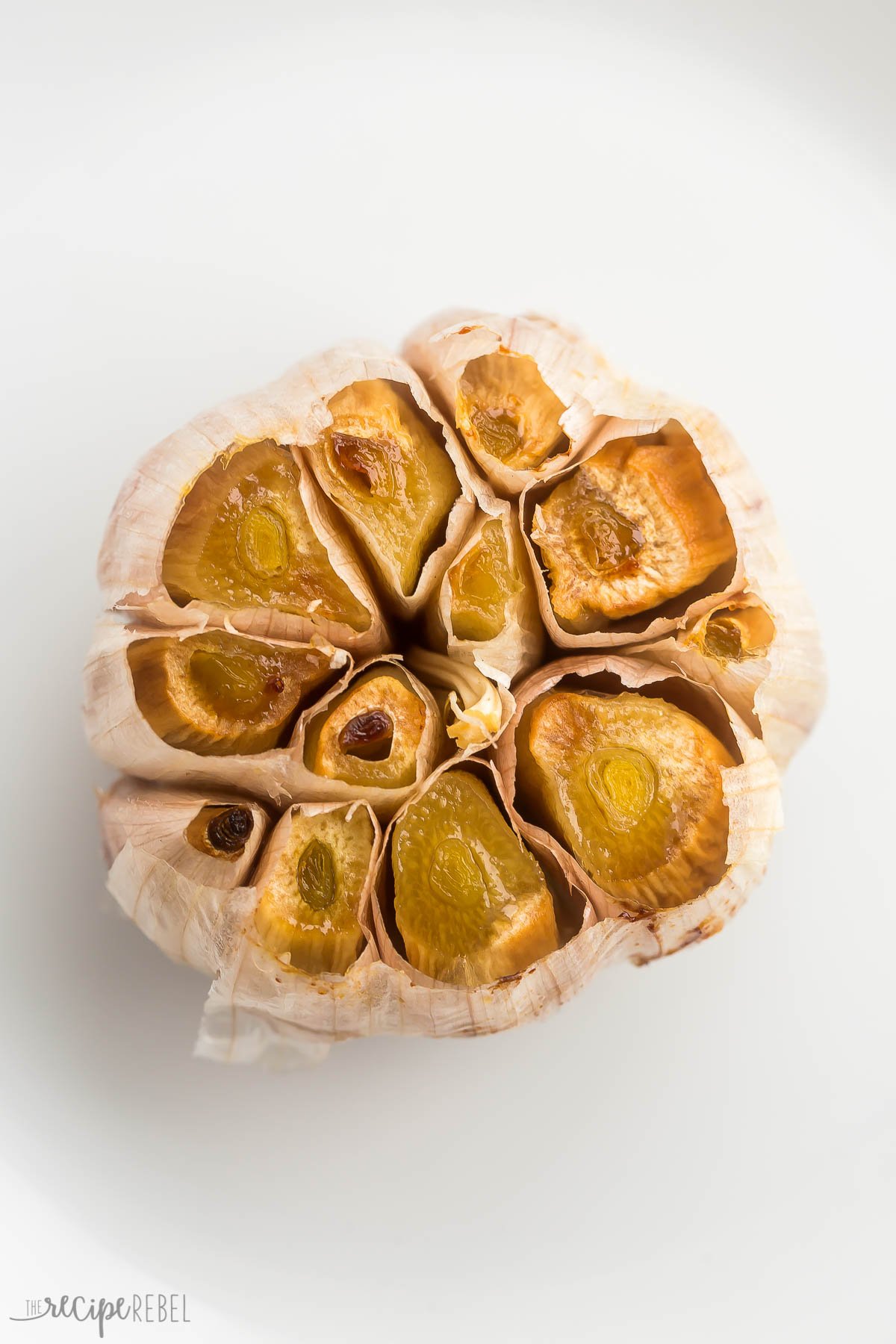 close up overhead image of roasted garlic head