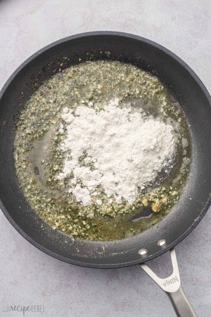 flour added to seasoned butter in skillet.