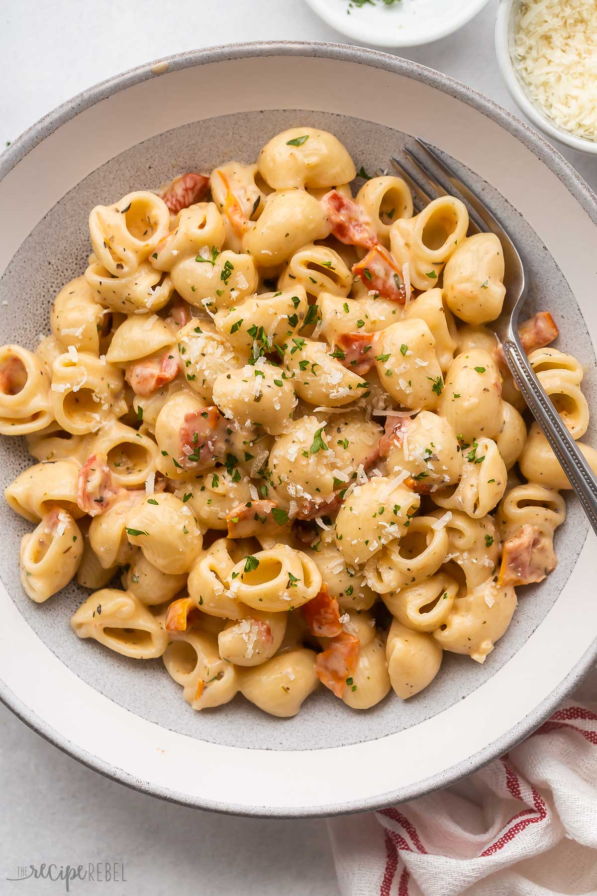 overhead image of bowl of sun dried tomato pasta with fork stuck in