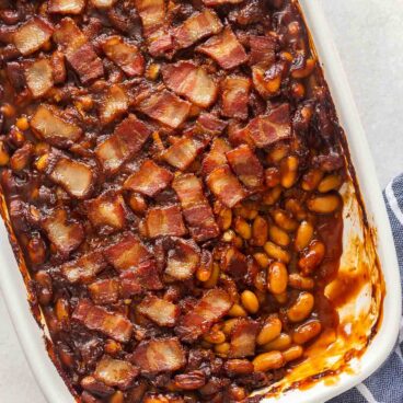 overhead image of baked beans in white baking dish.