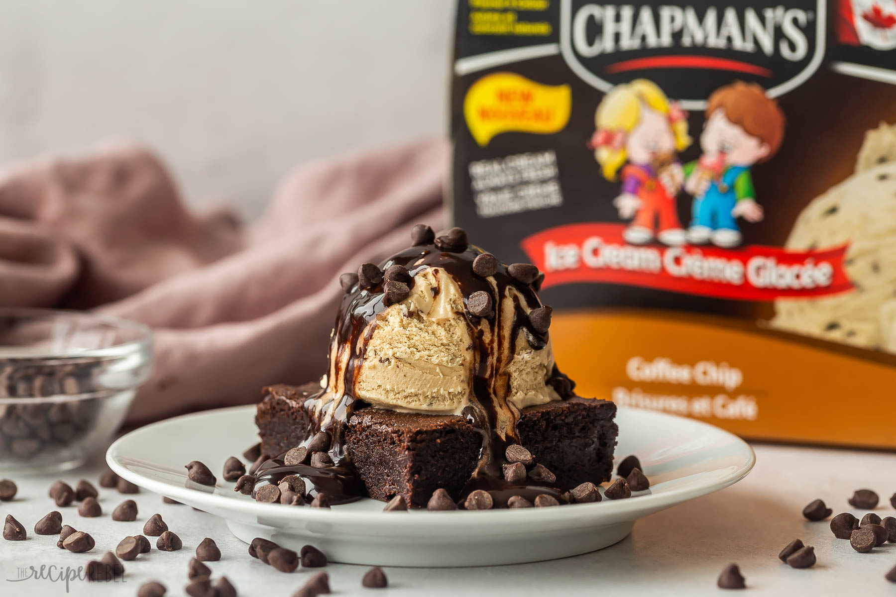 brownie sundae with Chapmans ice cream carton in the background.