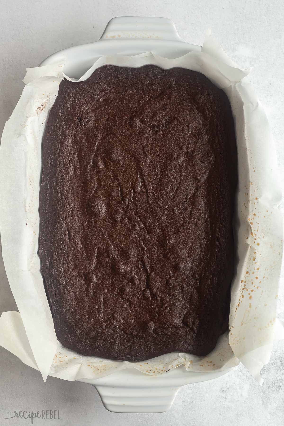 brownies in white baking dish after baking.