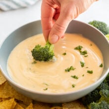 piece of broccoli being dipped into cheese sauce