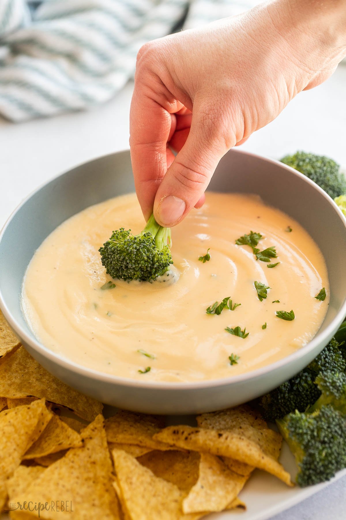 piece of broccoli being dipped into cheese sauce