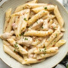 overhead image of chicken bacon ranch pasta in grey bowl