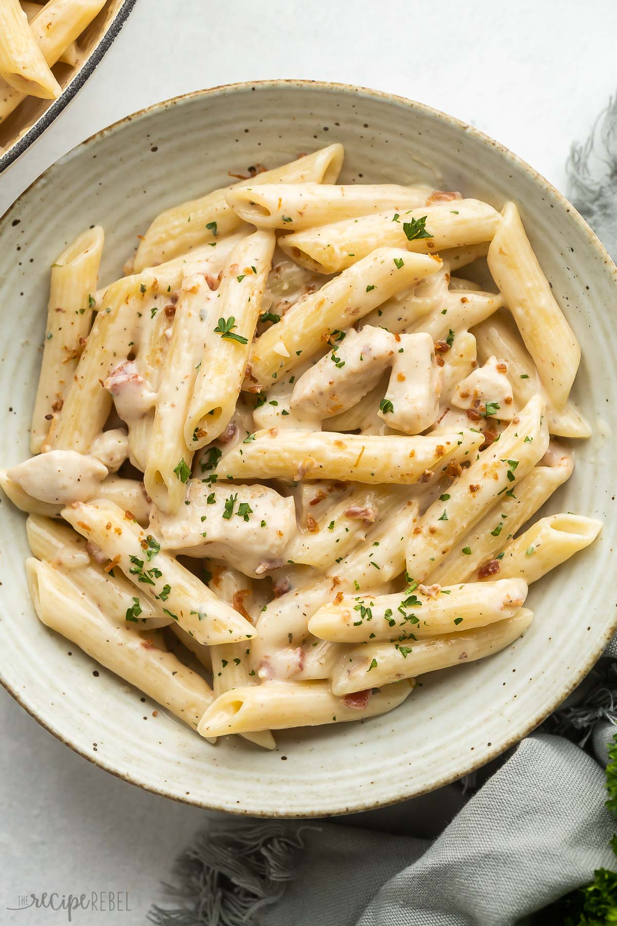 overhead image of chicken bacon ranch pasta in grey bowl