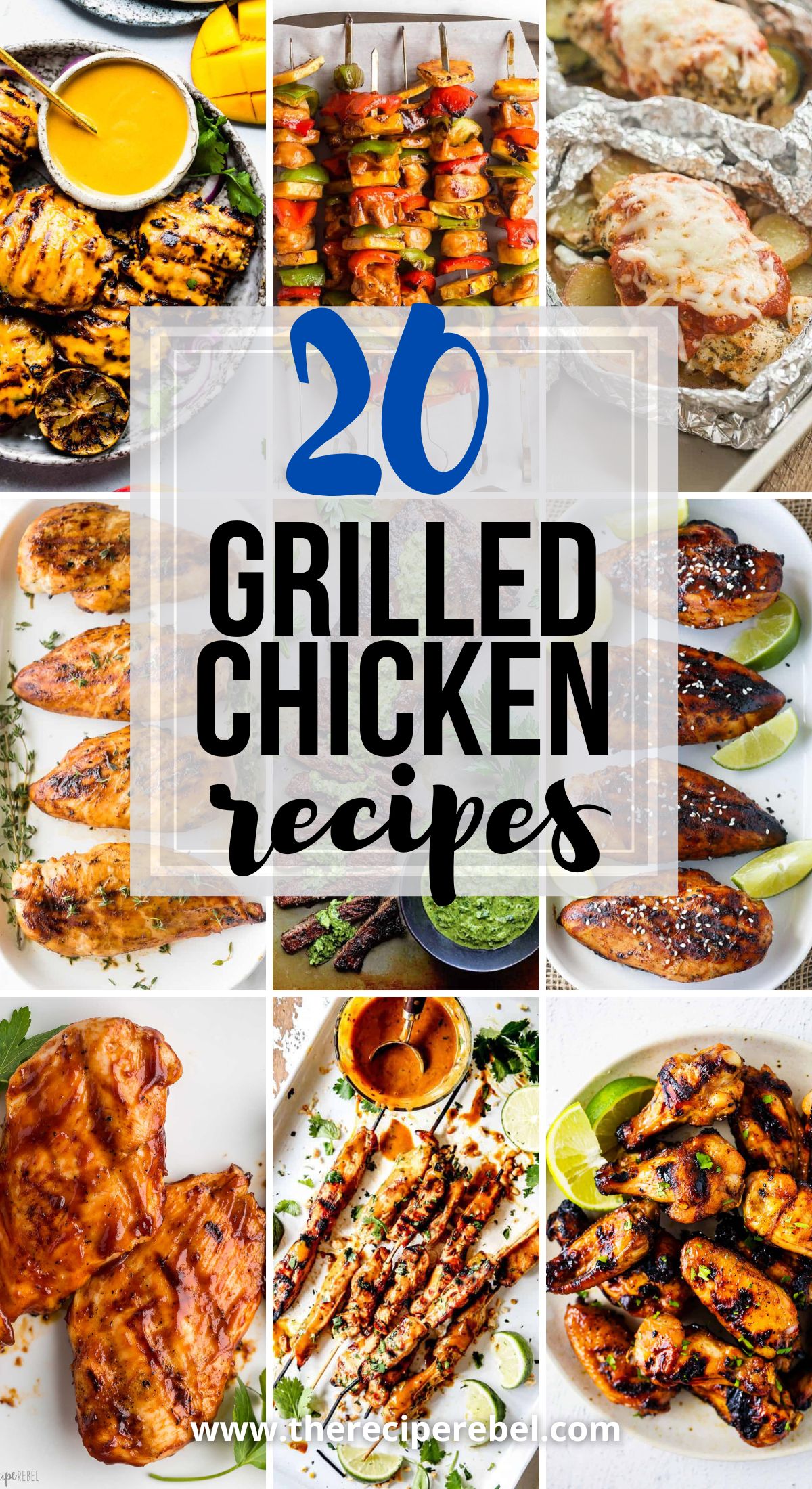 long pinterest collage for grilled chicken recipes with nine images and title.
